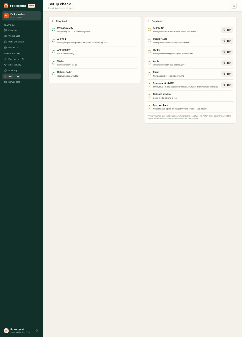 Admin · Setup check page